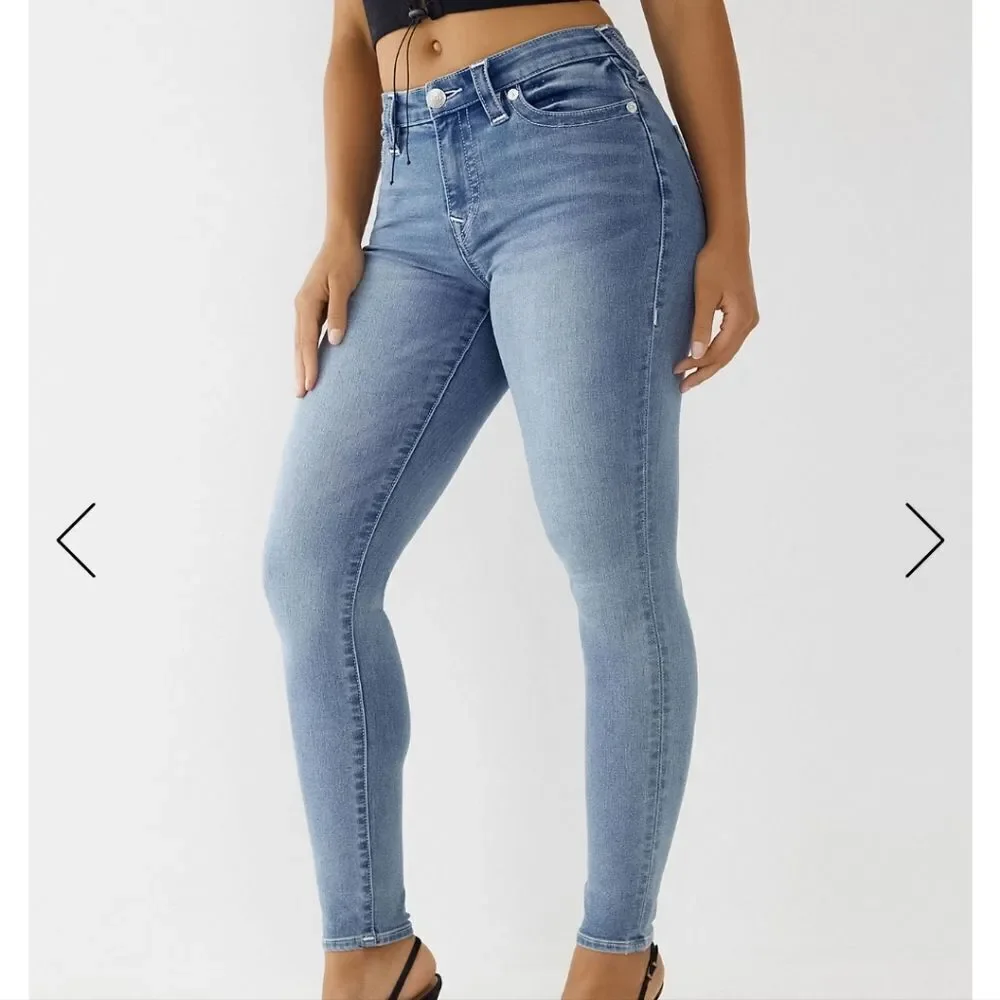 True Religion Women's Blue Medium Wash Mid Rise Halle Super Skinny Jeans…
